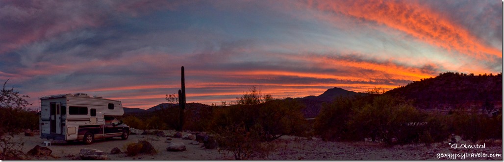 truck camper saguaro mountains sunset Burro Creek campground Arizona