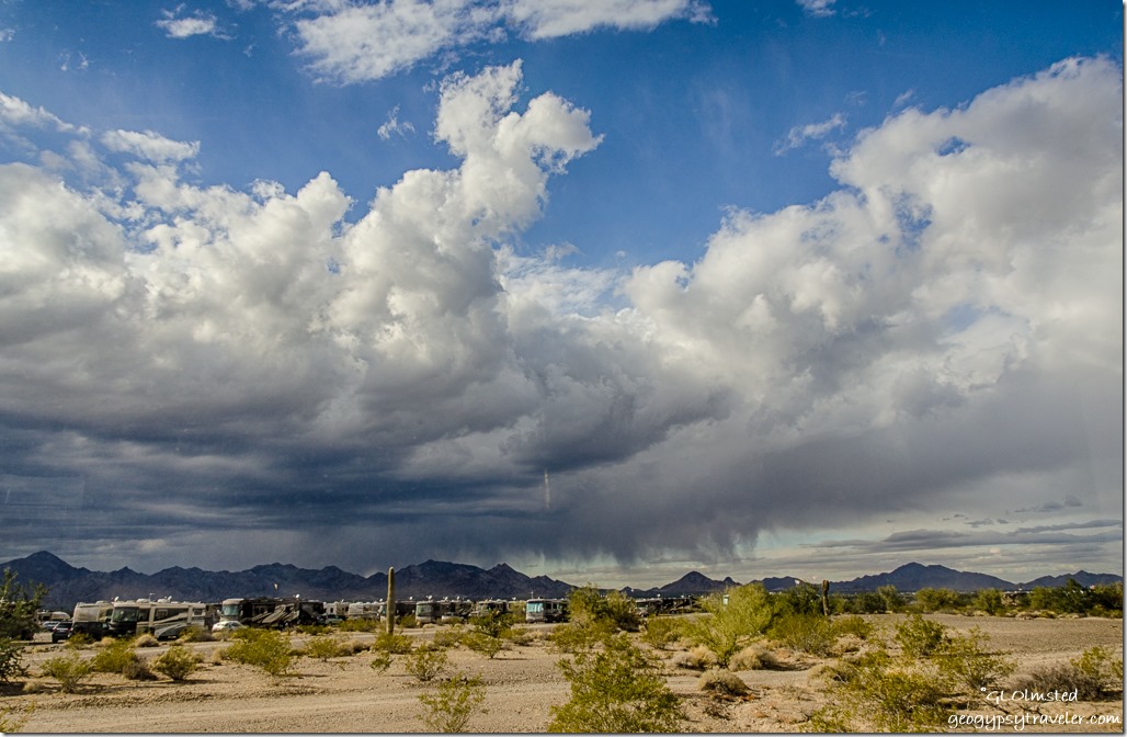 RVs storm clouds LaPaz BLM Quartzsite Arizona
