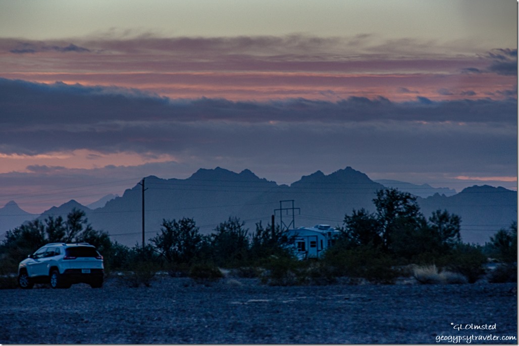 RV sunrise clouds LaPaz BLM Quartzsite Arizona