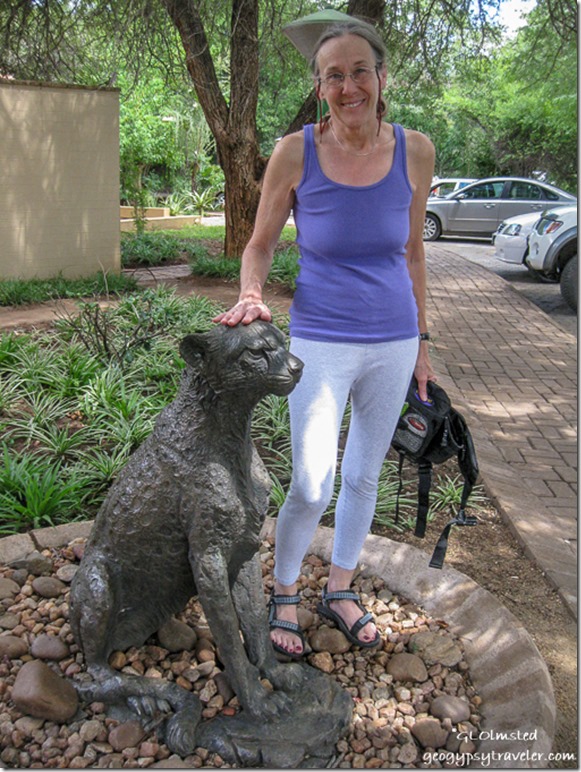 Gaelyn petting Cheetah statue Satari camp Kruger National Park Mpumalanga South Africa