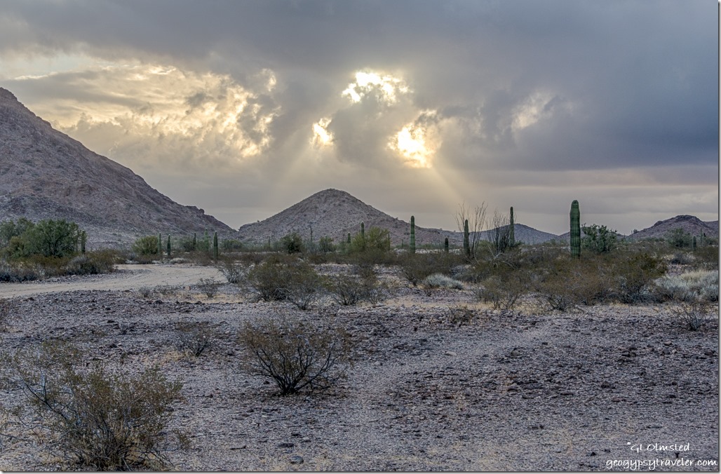 Sonoran Desert Kofa Mountains East view cloudy sunrise sunrays King Valley Kofa National Wildlife Refuge Arizona