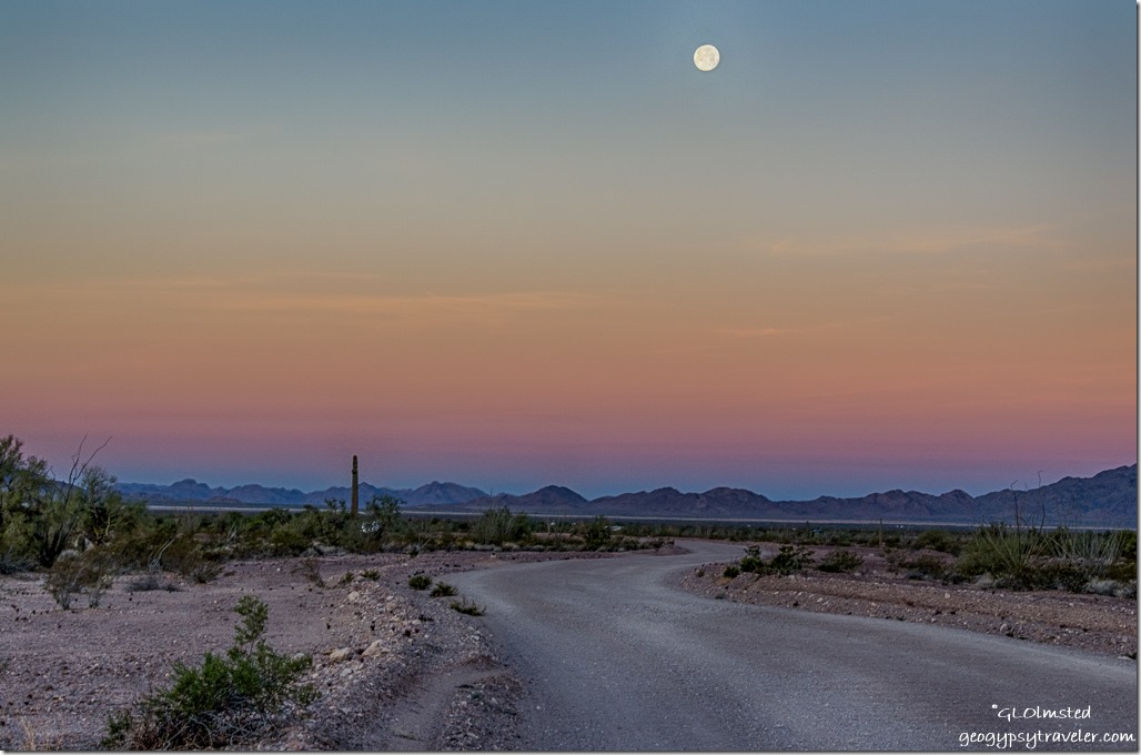 desert road almost full moon set Earth shadow Kofa National Wildlife Refuge Arizona