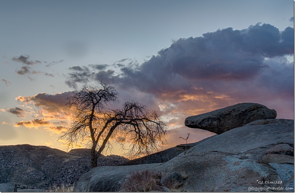 tree boulders Weaver Mountains clouds sunset Yarnell Arizona