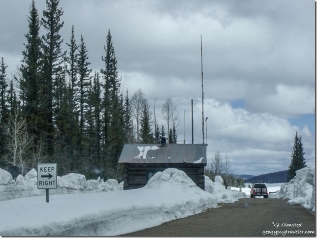 Snow at entrance station Hwy 67 North Rim Grand Canyon National Park Arizona