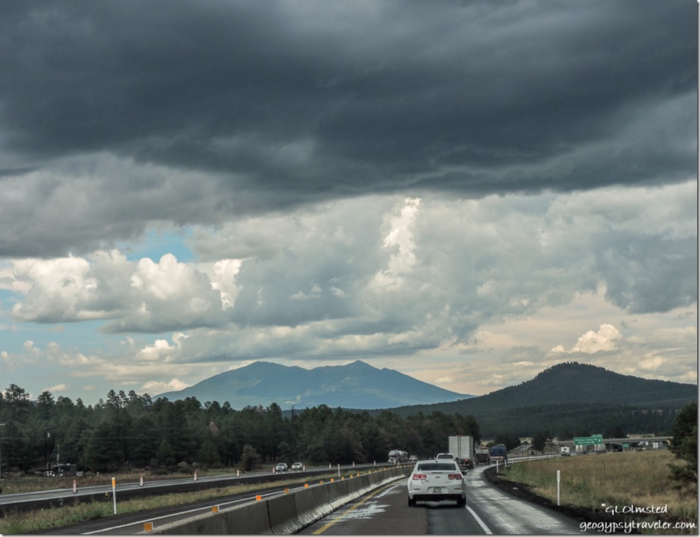 traffic construction Mount Humphreys storm clouds I40 East Arizona