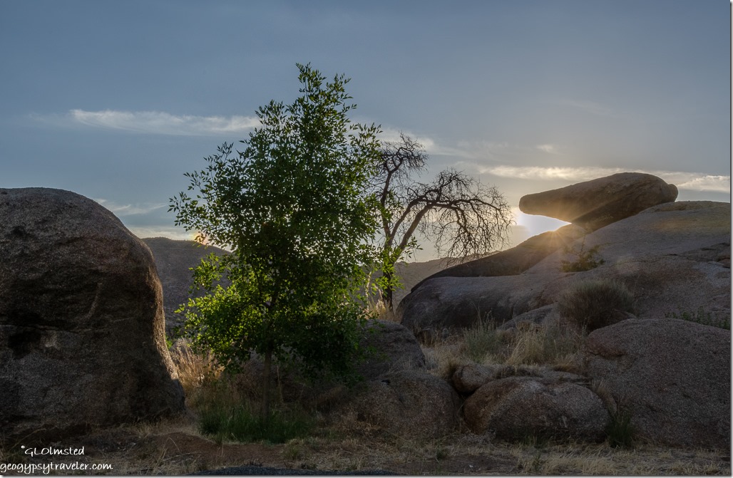 boulders trees sunset sunburst Yarnell Arizona