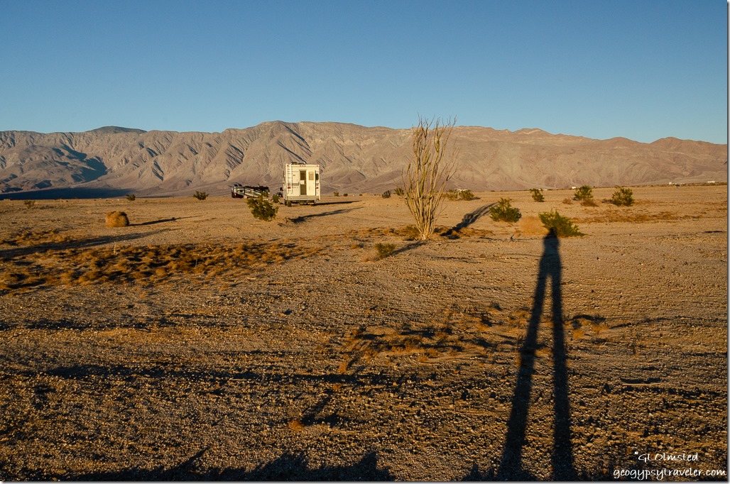 Gaelyn's shadow, truck camper & Santa Rosa Mountains Anza-Borrego Desert State Park California