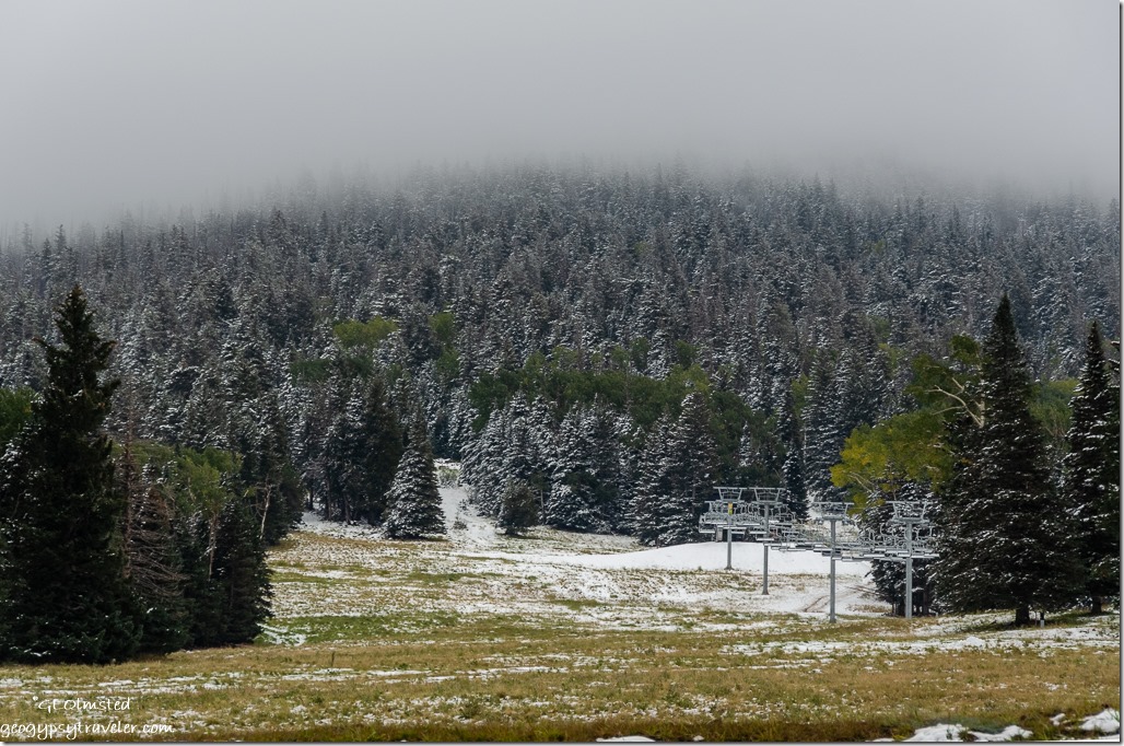 snow chairlift trees low clouds Snowbowl Flagstaff Arizona