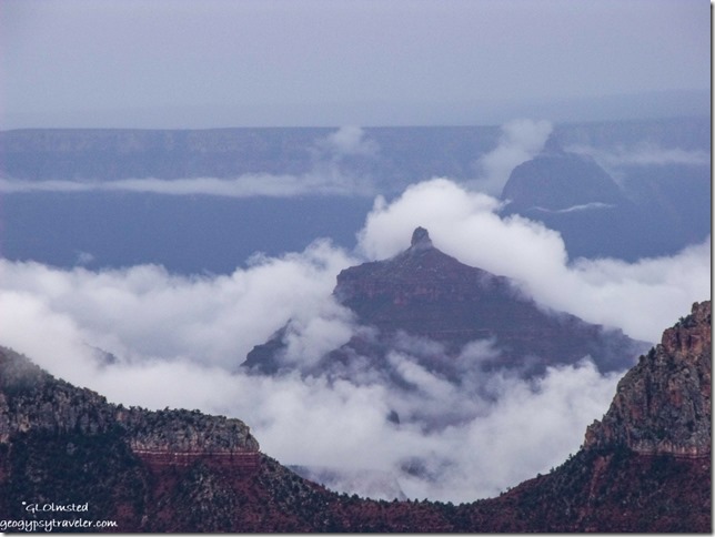Clouds surround Angels Gate from Bright Angel Point trailhead North Rim Grand Canyon National Park Arizona