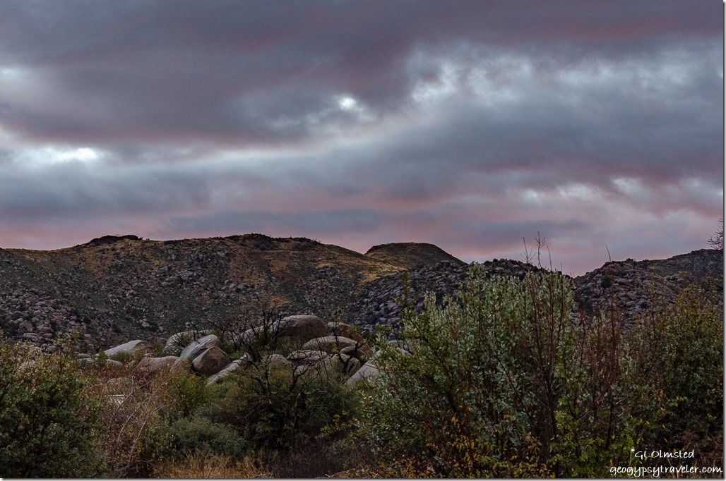 trees boulders Weaver Mountains sunset clouds Yarnell Arizona