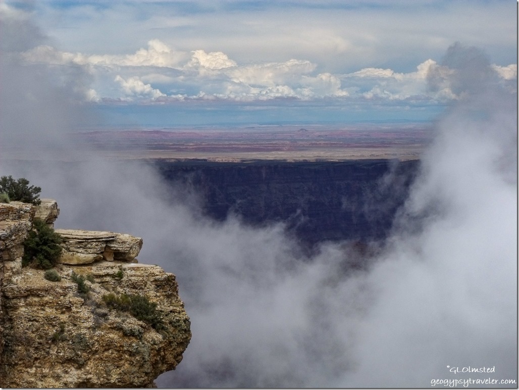 Looking East fog in canyon from Cape Royal Walhalla Plateau North Rim Grand Canyon National Park Arizona