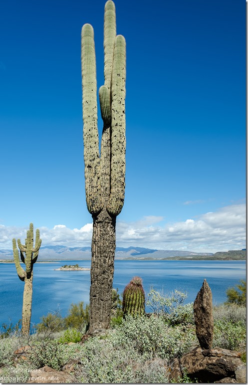 saguaros balanced rock lake mountains clouds Lake Pleasant Regional Park Arizona