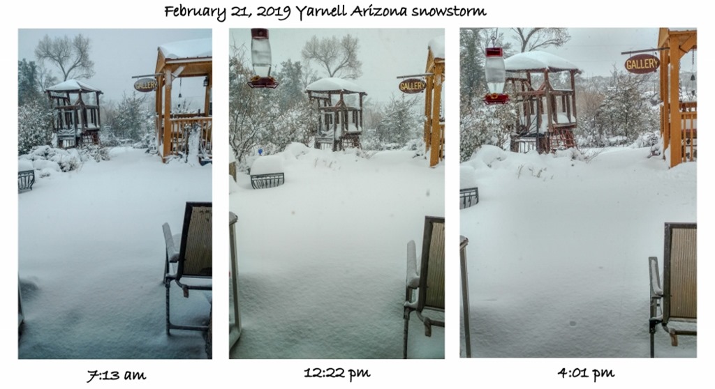 Feb 21 am-pm snow accumulation from front door Yarnell Arizona