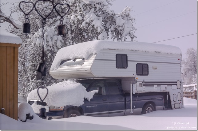 snow covered truckcamper Yarnell Arizona