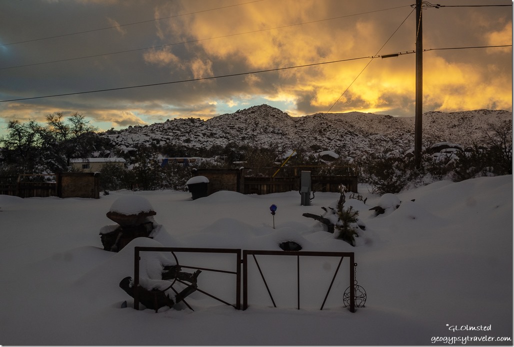 snow front yard Weaver Mountains sunset clouds Yarnell Arizona