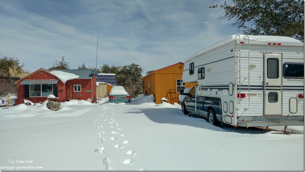 snowy yard house shed truckcamper Yarnell Arizona