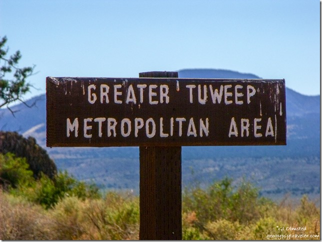 Greater Tuweep Metropolitan area sign at Ranger station Tuweep Road BLM Arizona