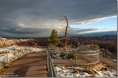 trail snow trees amphitheater sunrise clouds Bryce Point overlook Bryce Canyon National Park Utah