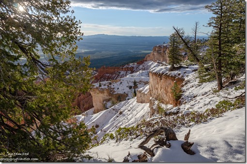 trees snow cliffs valley mountains sun clouds Bryce Point Bryce Canyon National Park Utah