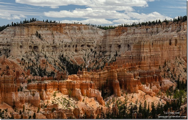 light hoodoos grottos trees clouds from Sunset amphitheater Bryce Canyon National Park Utah