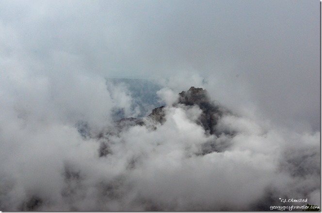Clouds surround Vishnu Temple Cape Royal North Rim Grand Canyon National Park Arizona