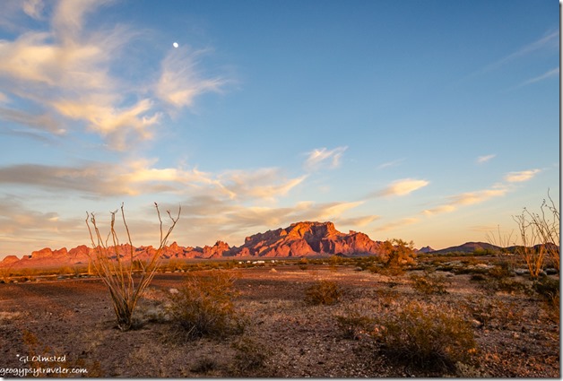 desert Kofa Mountains reverse sunset clouds moon Palm Canyon Road BLM Kofa National Wildlife Refuge Arizona