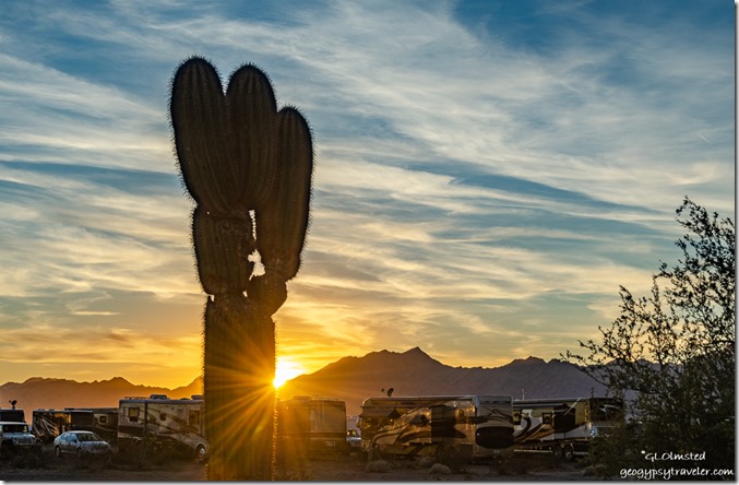 Saguaro cactus RVs mountains sunset clouds sunburst La Paz BLM Quartzsite Arizona