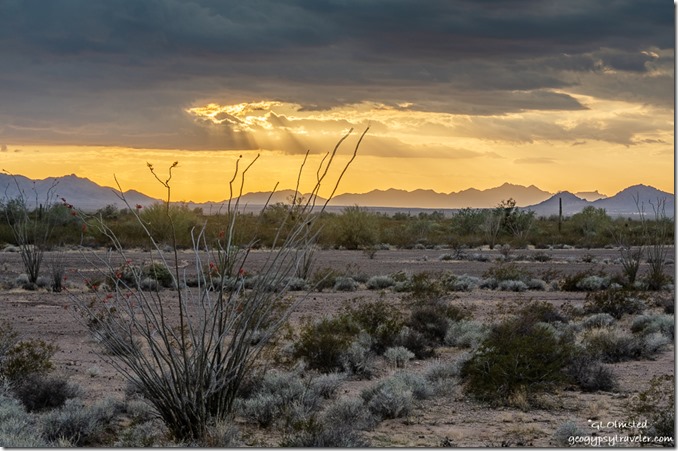 desert mountains sunset clouds crepuscular rays Palm Canyon Road BLM Kofa National Wildlife Refuge Arizona
