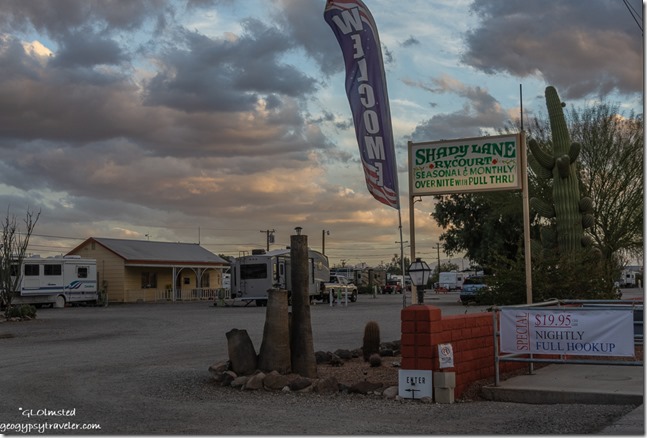 entrance signs sunset clouds Shady Lane RV Park Quartzsite Arizona