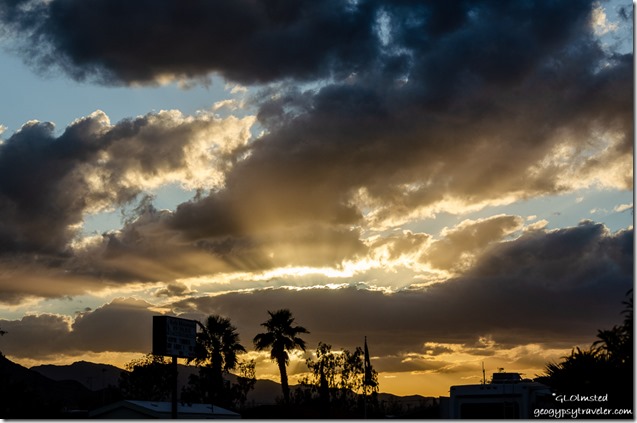 sign Palm tree flagpole sunset clouds crepuscular rays Shady Lane RV Park Quartzsite Arizona