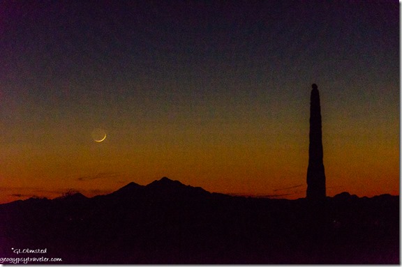 Saguaro cactus mountains crescent moon setting Palm Canyon Road BLM Kofa National Wildlife Refuge Arizona