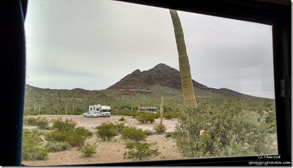 window view RVs desert Black Mountain storm clouds BLM Darby Well Road Ajo Arizona