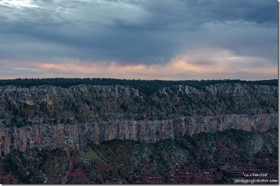 Low clouds at sunset over Widforss Plateau from Lodge North Rim Grand Canyon National Park Arizona