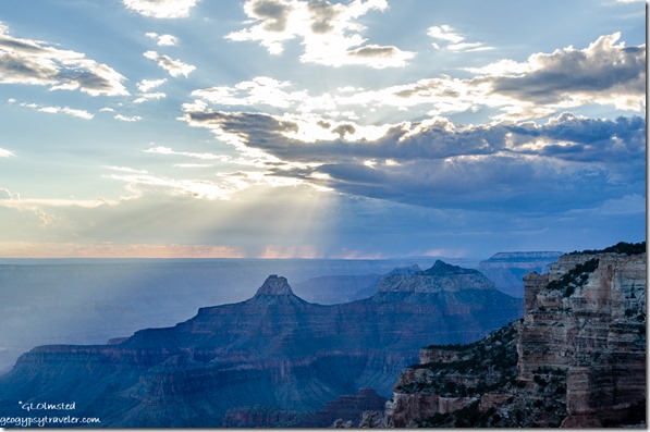 Sunset rays on Zoroaster & Brahma temples from Cape Royal NNorth Rim Grand Canyon National Park Arizona