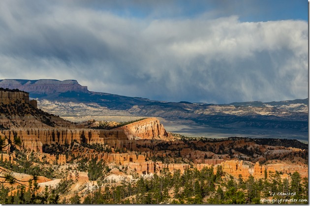  trees hoodoos Sinking Ship valley Table Cliff Plateau storm clouds Bryce Canyon National Park Utah
