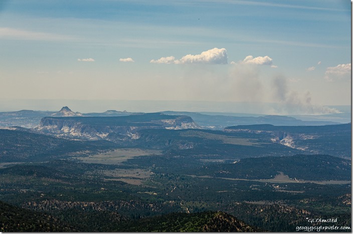 Molly's Nipple & No Man's Mesa smoke from Wire Pass fire Yovimpa Point Bryce Canyon National Park Utah
