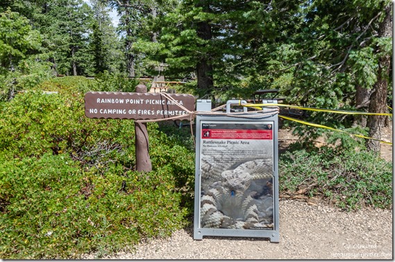 signs picnic area closed due to snakes Rainbow Point Bryce Canyon National Park Utah
