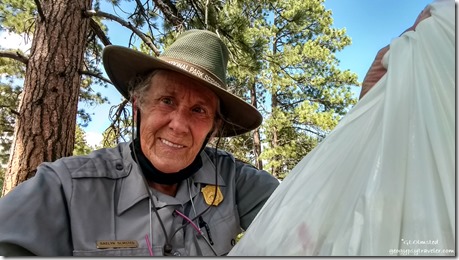 Ranger Gaelyn with littler bag Bryce Canyon National Park Utah