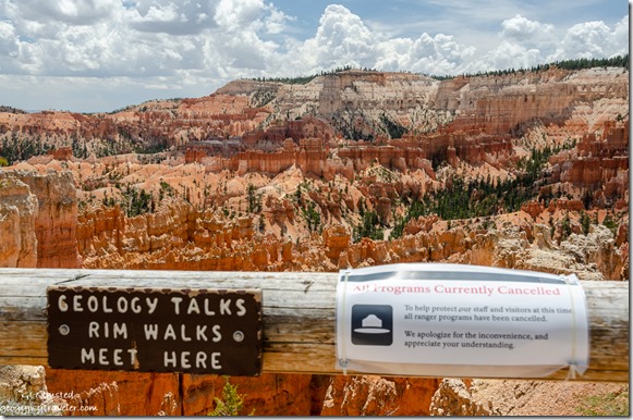 talks cancelled signs view S hoodoos clouds Sunset Pt Bryce Canyon National Park Utah