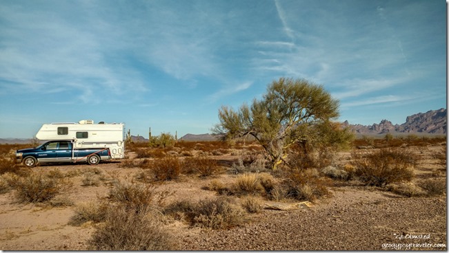 truck camper desert Kofa Mountains Palm Canyon Road BLM Kofa National Wildlife Refuge Arizona