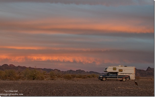 truck camper desert mts sunset clouds Plomosa Rd BLM Quartzsite Arizona