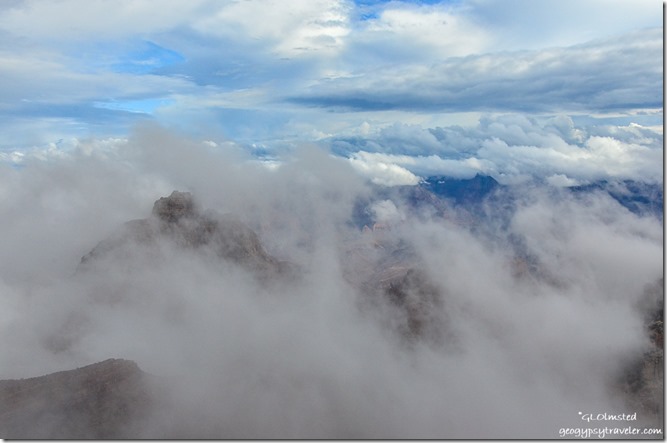Fog shrouded Vishnu Temple Cape Royal North Rim Grand Canyon National Park Arizona