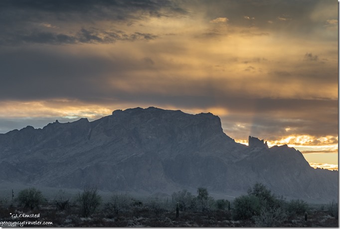 Kofa Mts morning sunrays sunrise clouds Palm Canyon Rd BLM Kofa National Wildlife Refuge Arizona
