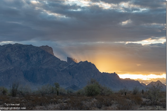 desert Kofa Mts sunrise sun rays clouds Palm Canyon Rd BLM Kofa National Wildlife Refuge Arizona