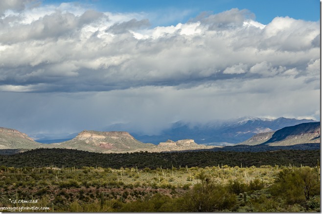 desert Cow Creek Road Table Mesa snowy mountains clouds Lake Pleasant Regional Park Arizona