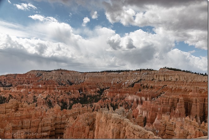 hoodoos snow clouds Sunset Point Bryce Canyon National Park Utah