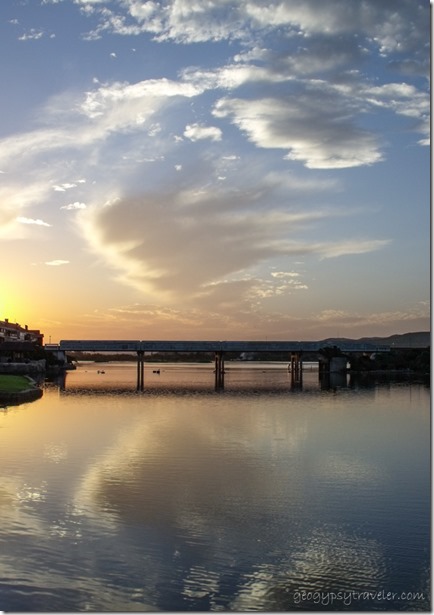 Sunset with reflection over river with bridge Riviera Hartenbos Garden Route Western Cape South Africa