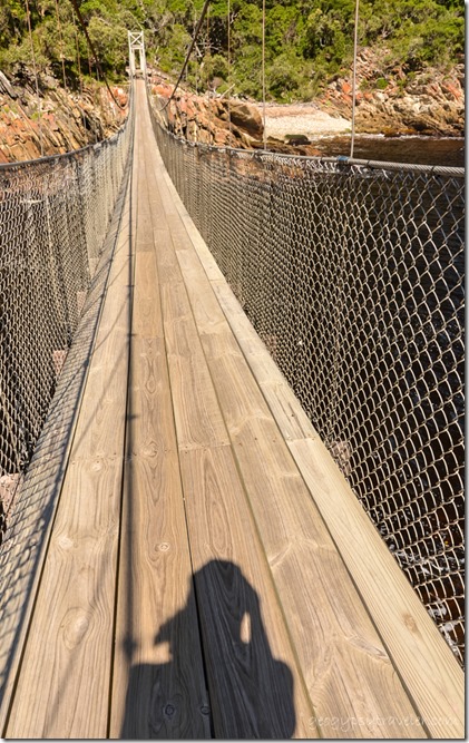 Gaelyn's shadow on bridge Suspension Bridge trail at Storms River Mouth Tsitsikamma National Park South Africa