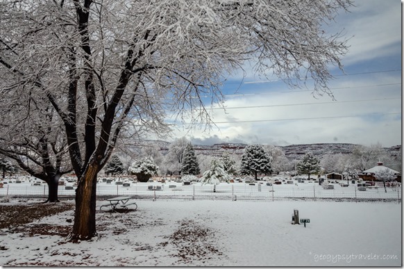 Snow cemetery Vermilion Cliffs from RV Crazy Horse RV Park Kanab Utah