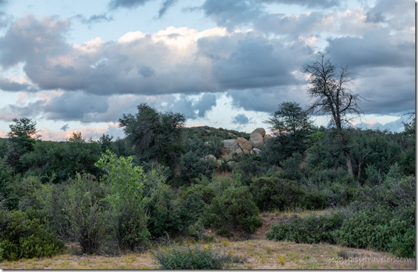 trees grass boulders reverse sunset clouds Triple L Ranch Skull Valley Arizona